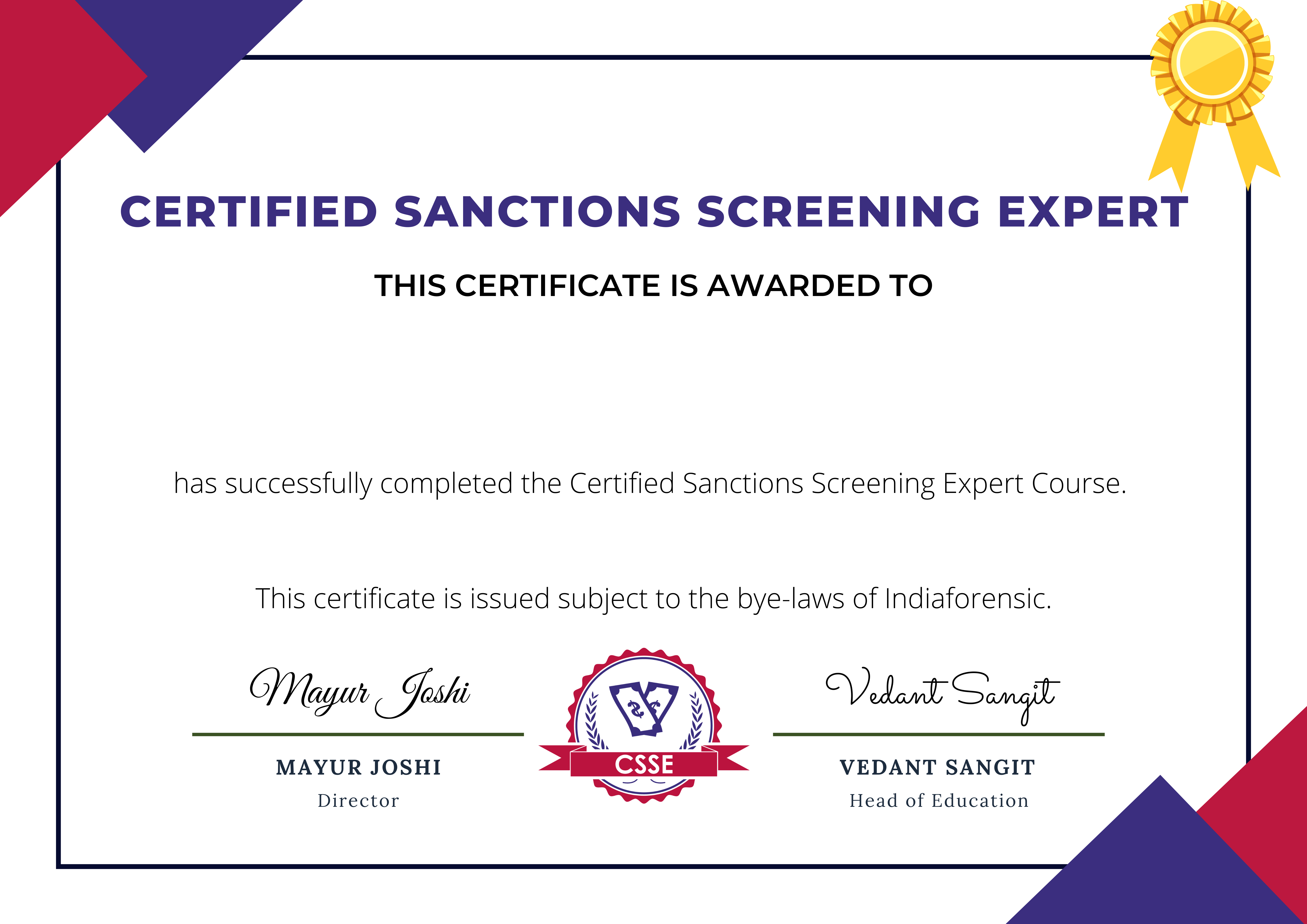 Sample Certified Sanctions Screening Expert (CSSE) certificate