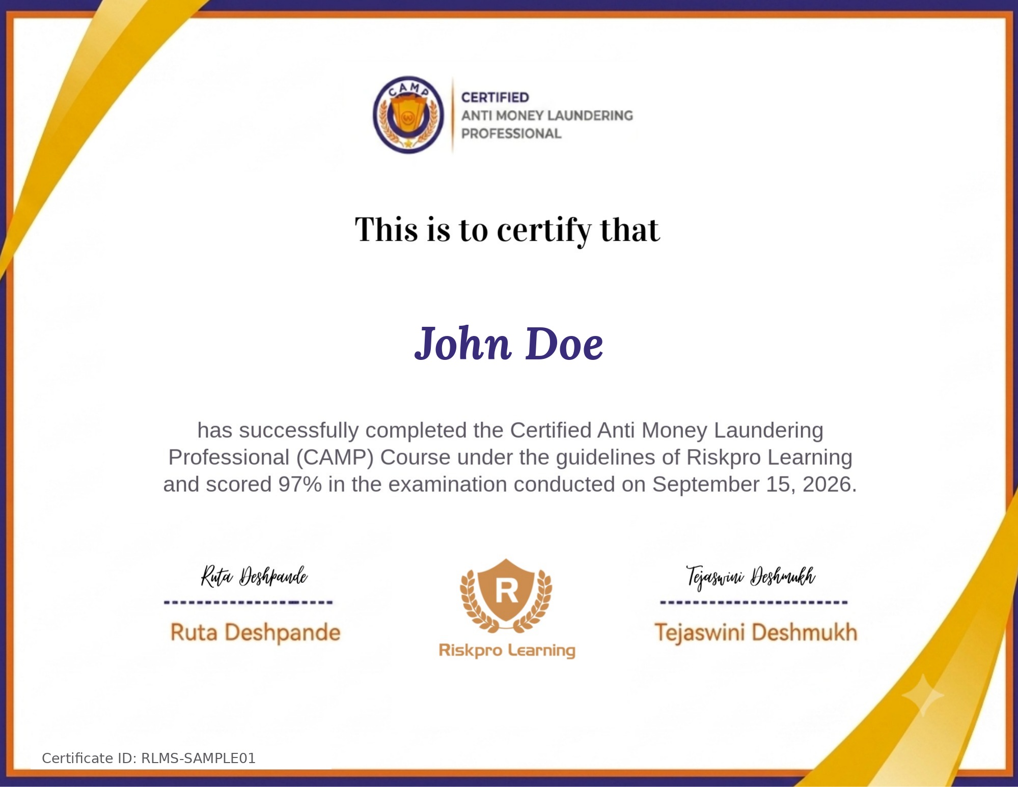 Sample Certified Anti Money Laundering Professional certificate